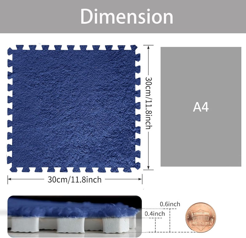 JADERLU 16pcs 0.6" Thickened Interlocking Tile Mats,Fluffy Shaggy Soft EVA Foam Area Rug for Living Room&Bedroom,Non-Slip Protective Floor Carpet Play Mat Kids Baby Dorm Home Decor 11.8ft (Navy Blue) - Image 2